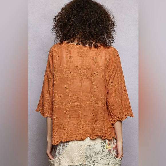 POL Floral Eyelet V-Neck Salloped Shirt - Picture 6 of 7